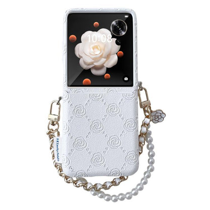 White phone case with embossed rose pattern, side buckle, chain and pearl bead bracelet