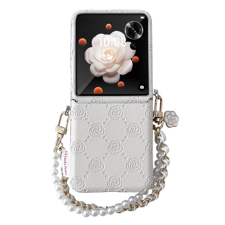 White phone case with embossed rose pattern, side buckle, chain and pearl bead bracelet