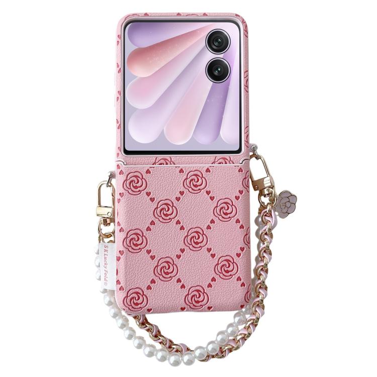 Pink embossed rose phone case with wristlet chain and card-sized flip cover