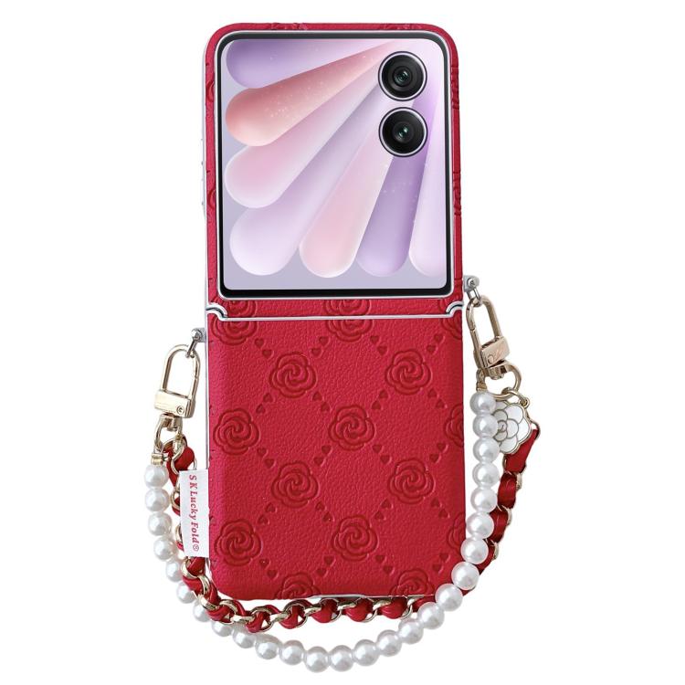 Red embossed rose phone case with wristlet chain and pearl bead strap