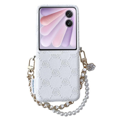 White embossed rose phone case with wristlet chain and pearl bead strap