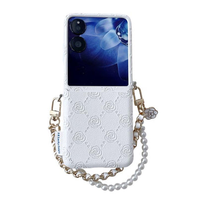 White embossed rose phone case with side buckle and pearl beaded bracelet