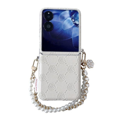 Beige embossed rose phone case with side buckle and pearl beaded bracelet