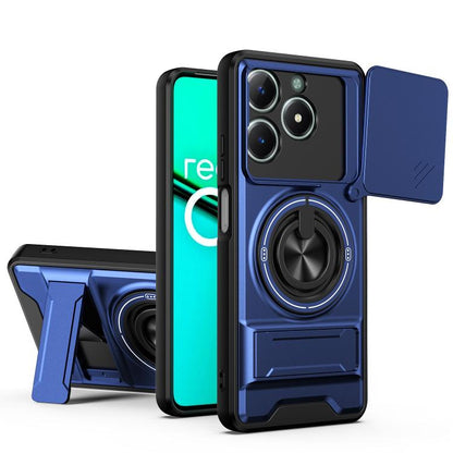 Shockproof phone case with sliding lens window, blue design, and magnetic mount ring