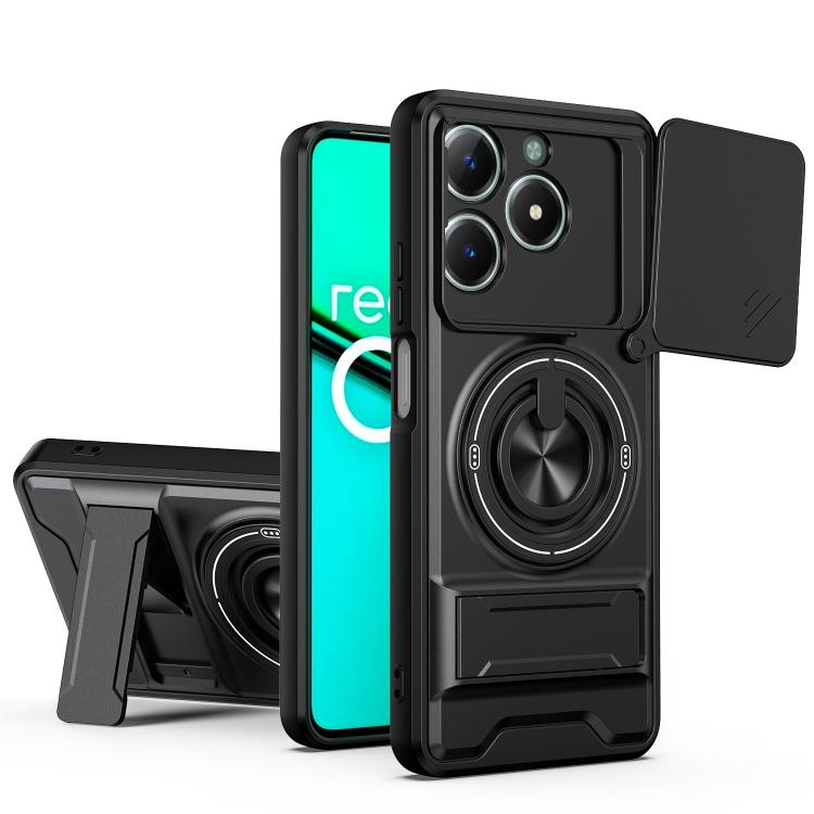 Shockproof phone case with sliding lens window, black design, and magnetic mount ring