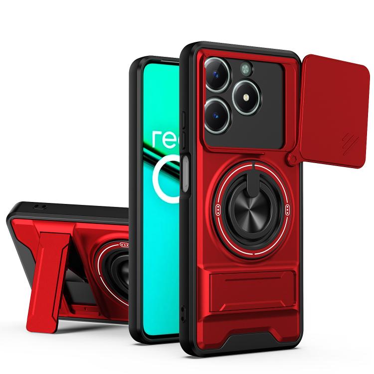 Shockproof phone case with sliding lens window, red design, and magnetic mount ring