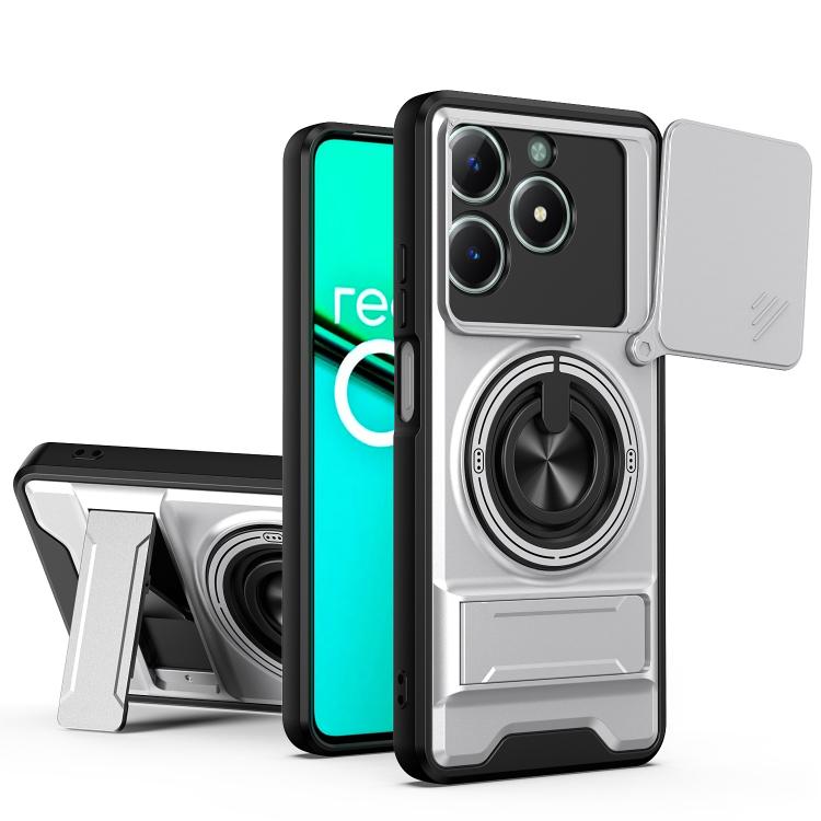 Shockproof phone case with sliding lens window, silver design, and magnetic mount ring
