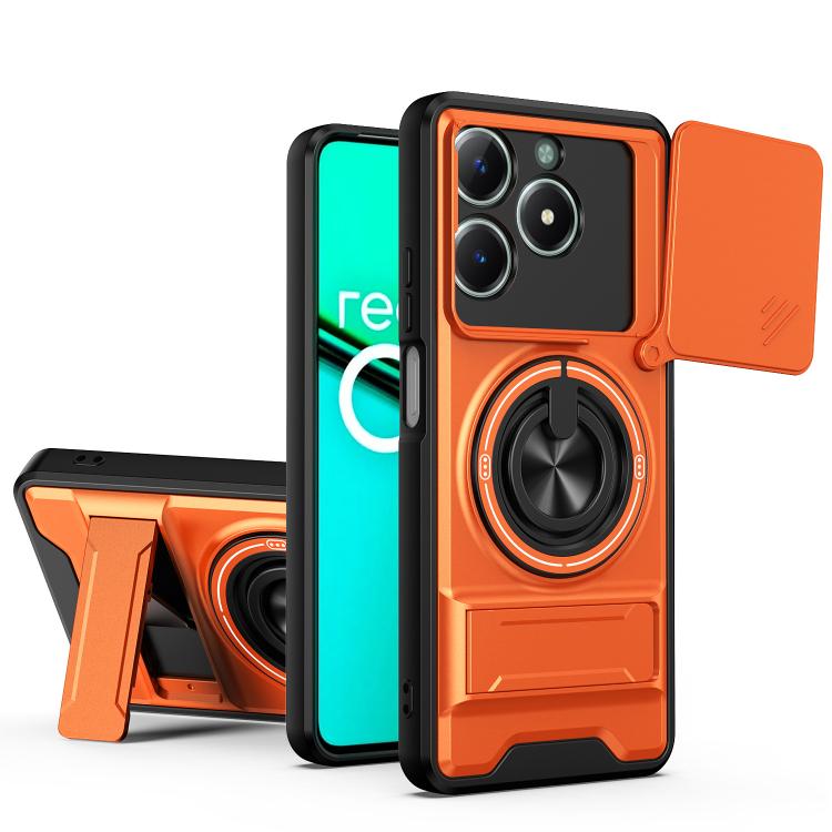 Shockproof phone case with sliding lens window, orange design, and magnetic mount ring