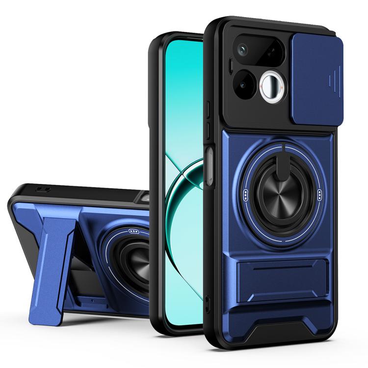Sliding window phone case with magnetic ring holder, blue and black protective cover