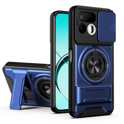 Sliding window phone case with magnetic ring holder, blue and black protective cover