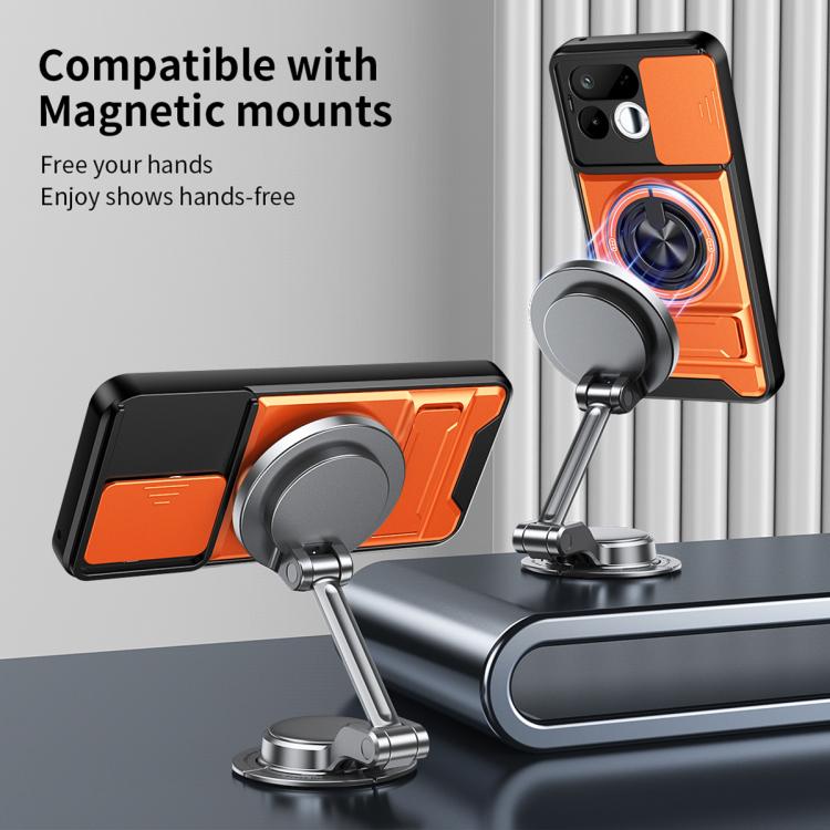 Shockproof phone case with sliding lens window, orange accents, and magnetic mount