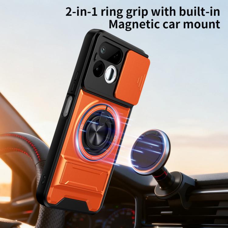 Orange and black rugged phone case with 2-in-1 magnetic car mount ring grip