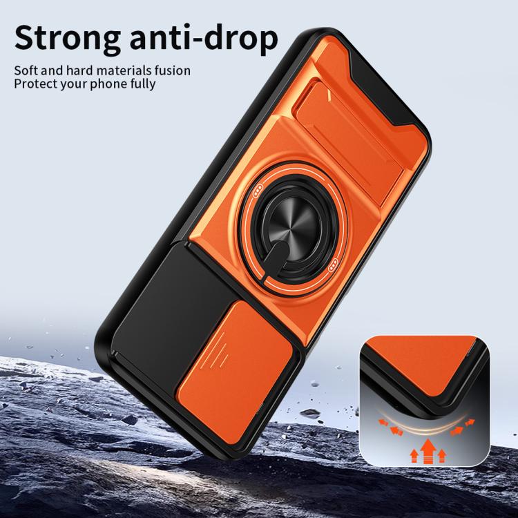 Orange and black anti-drop phone case with magnetic ring holder and camera cover