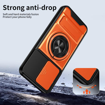 Orange and black anti-drop phone case with magnetic ring holder and camera cover