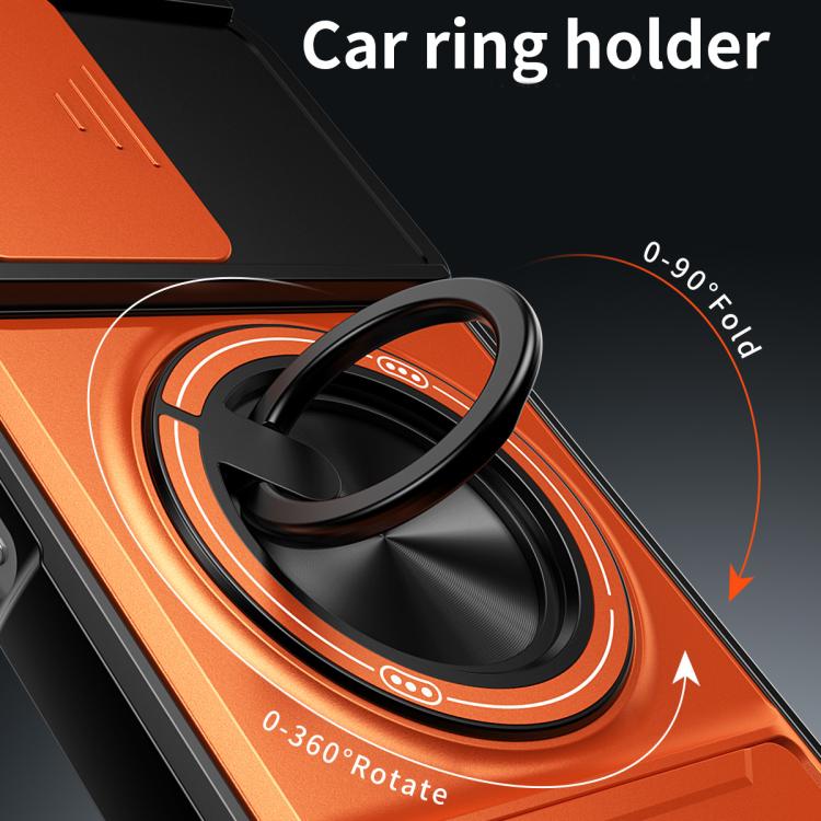 Orange and black phone case detail with magnetic ring holder and rotating ring grip