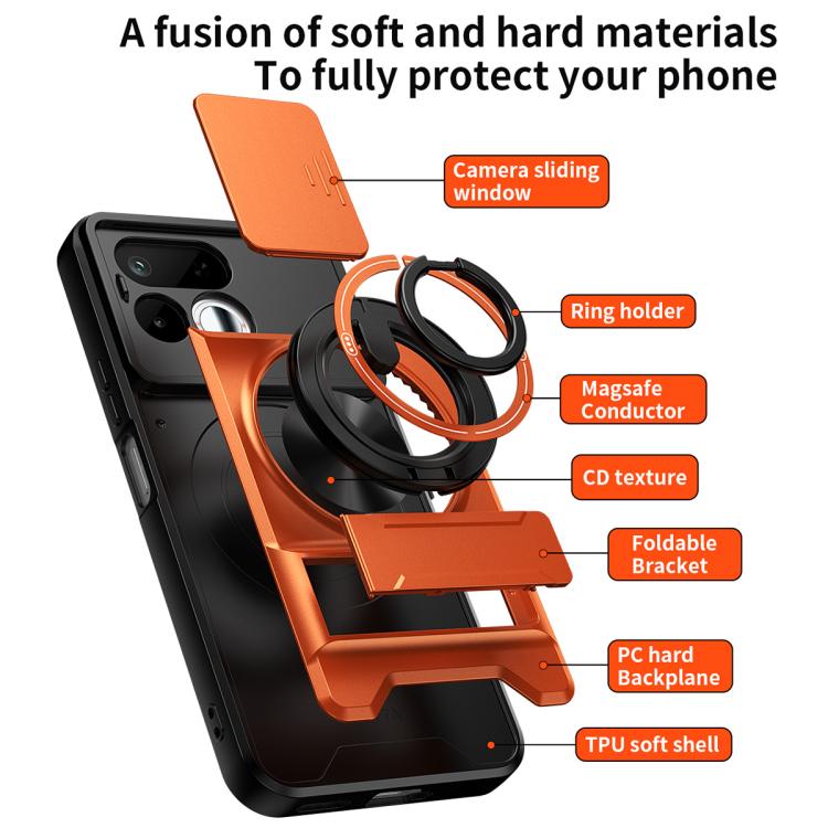 Orange rugged phone case with sliding camera window, ring holder, and foldable stand