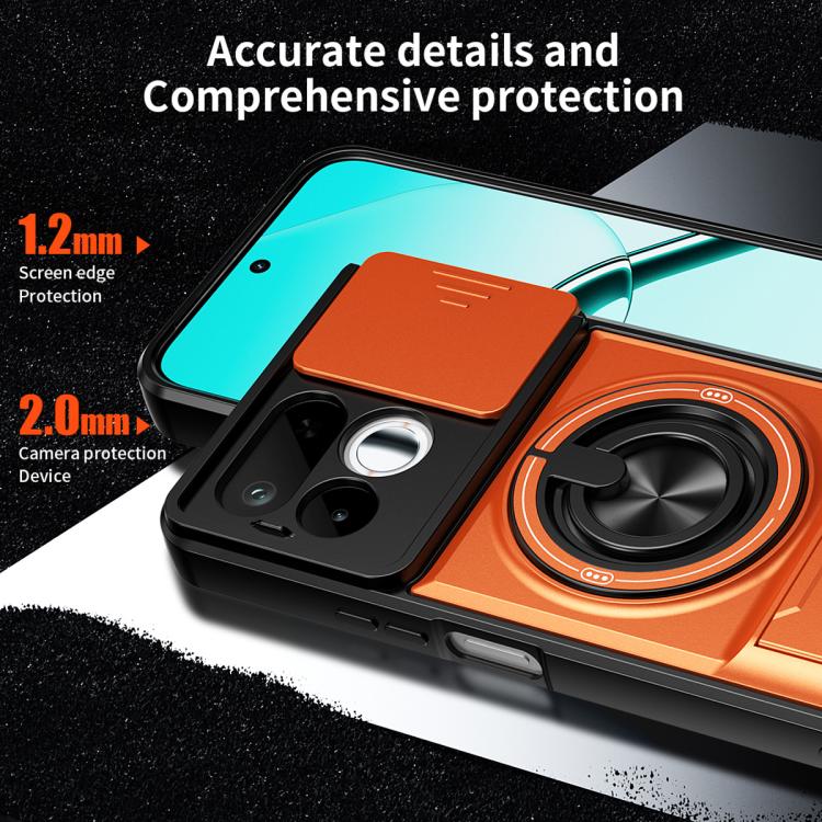 Orange and black shockproof phone case with magnetic ring holder and raised edges
