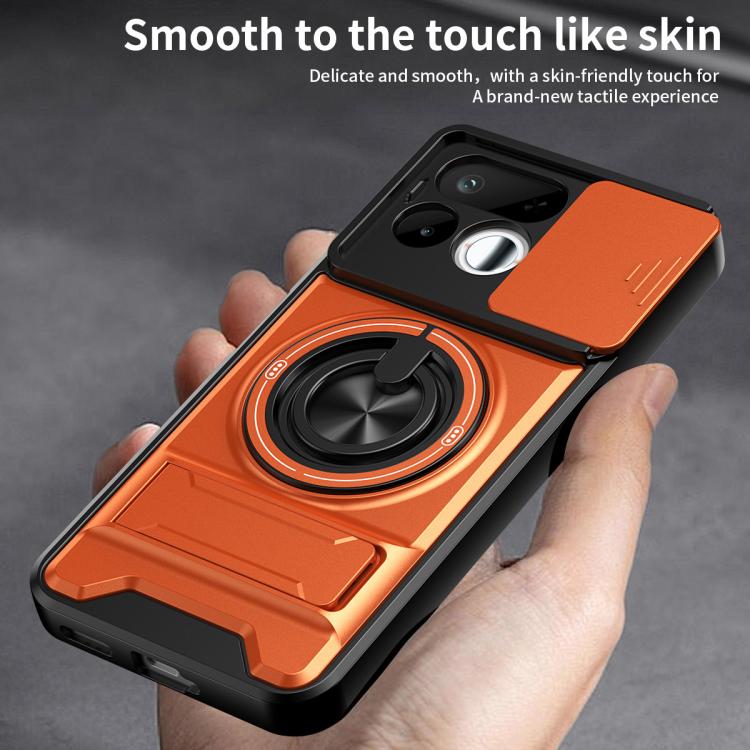 Orange and black phone case with magnetic ring holder, smooth touch protective shell