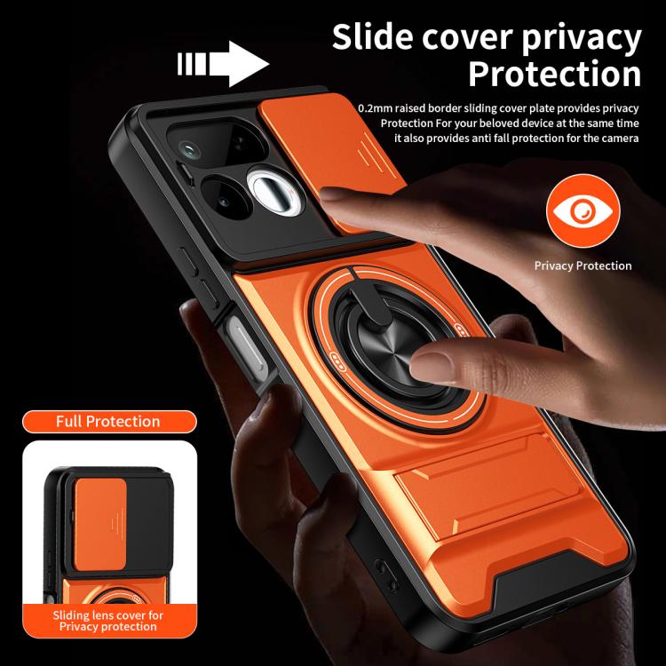 Orange and black phone case with sliding lens privacy cover and magnetic ring holder