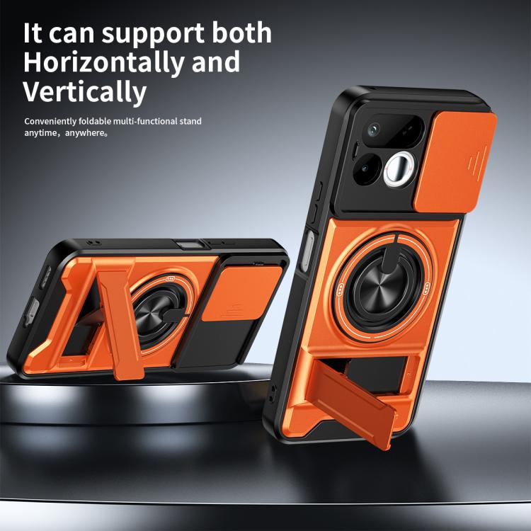 Orange and black rugged phone case with foldable stand and magnetic ring holder