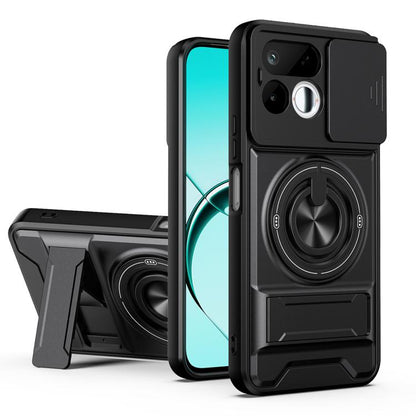 Shockproof phone case with sliding lens window, black design, and magnetic mount ring