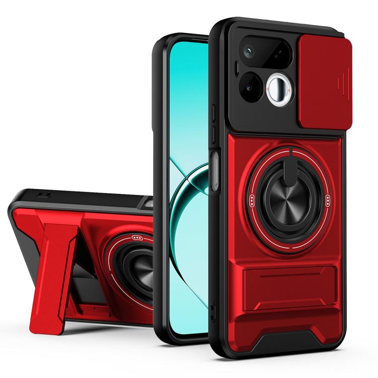 Shockproof phone case with sliding lens window, red design, and magnetic mount ring