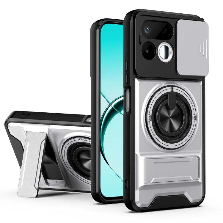 Shockproof phone case with sliding lens window, silver accents, and magnetic mount ring