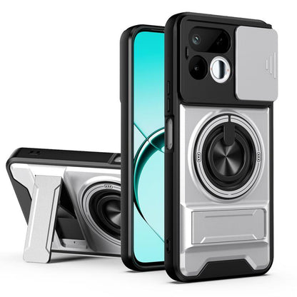 Shockproof phone case with sliding lens window, silver accents, and magnetic mount ring