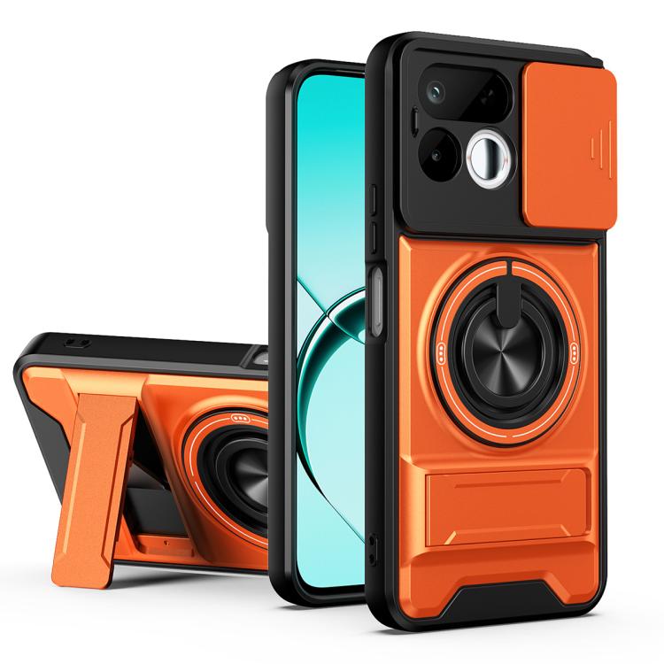 Shockproof phone case with sliding lens window, orange accents, and magnetic mount ring