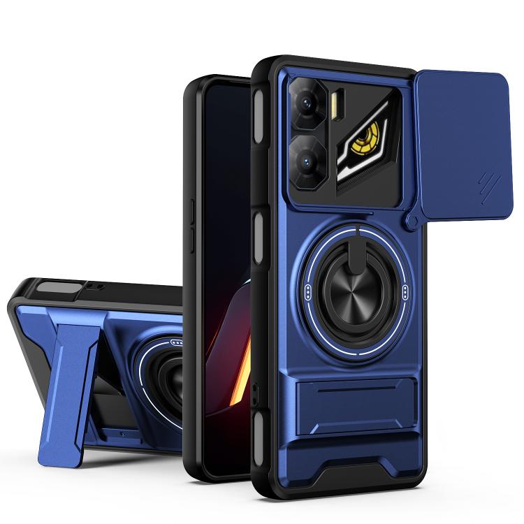 Royal blue magnetic phone case with sliding lens window and ring holder kickstand