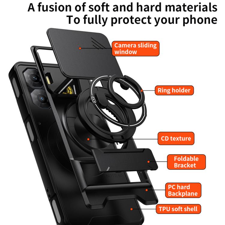 Black magnetic phone case with sliding camera window, ring holder, and foldable bracket