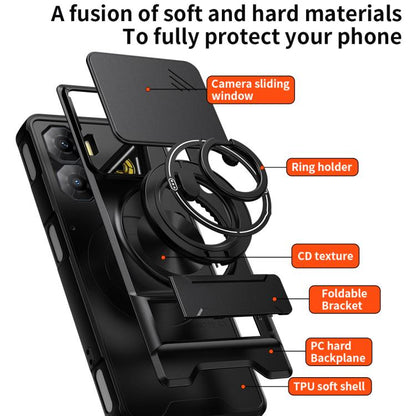 Black magnetic phone case with sliding camera window, ring holder, and foldable bracket