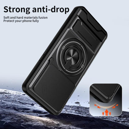 Black rugged phone case with ring holder and thick bumper-style protection