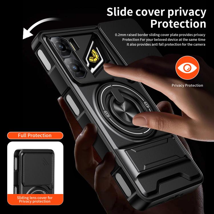 Black magnetic phone case with privacy sliding cover over camera lens and ring holder