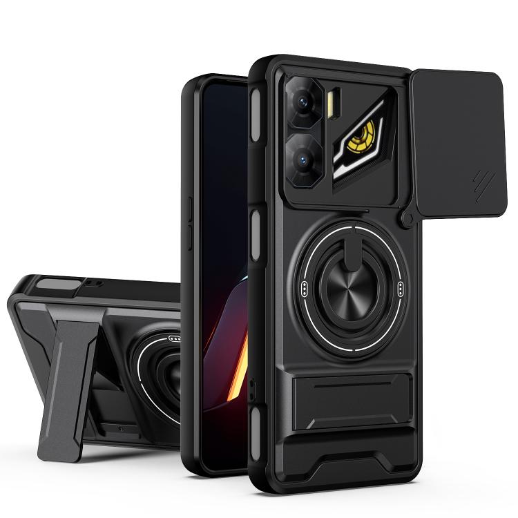 Black magnetic sliding window phone case with ring holder and kickstand