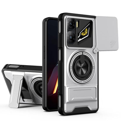 Gray and black phone case with circular grip, camera cutouts, and sliding cover panel