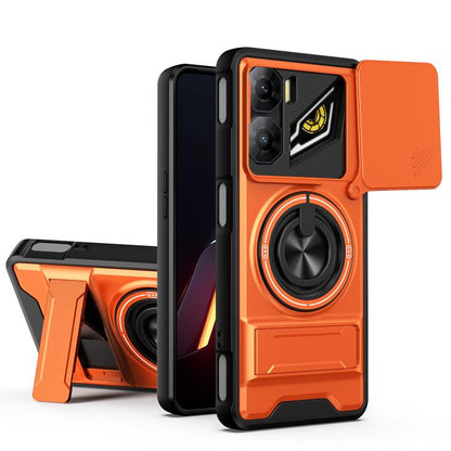 Orange phone case with circular grip, camera cutouts, and sliding cover panel