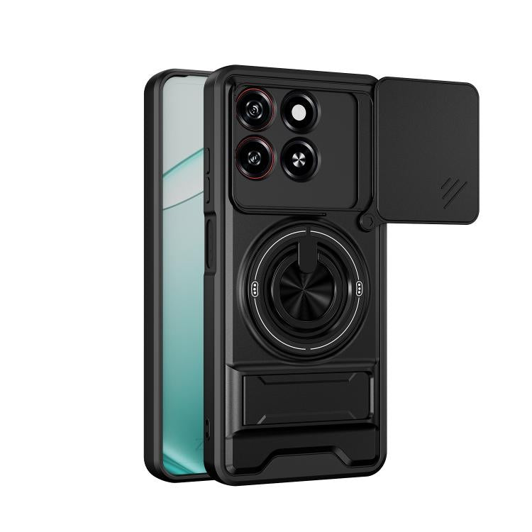 Black phone case with circular grip, camera cutouts, and sliding cover panel