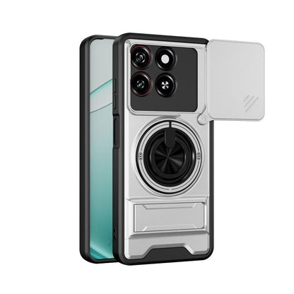 White and gray phone case with circular grip, camera cutouts, and sliding cover panel