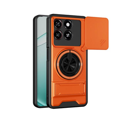 Orange and black phone case with circular grip, camera cutouts, and sliding cover panel
