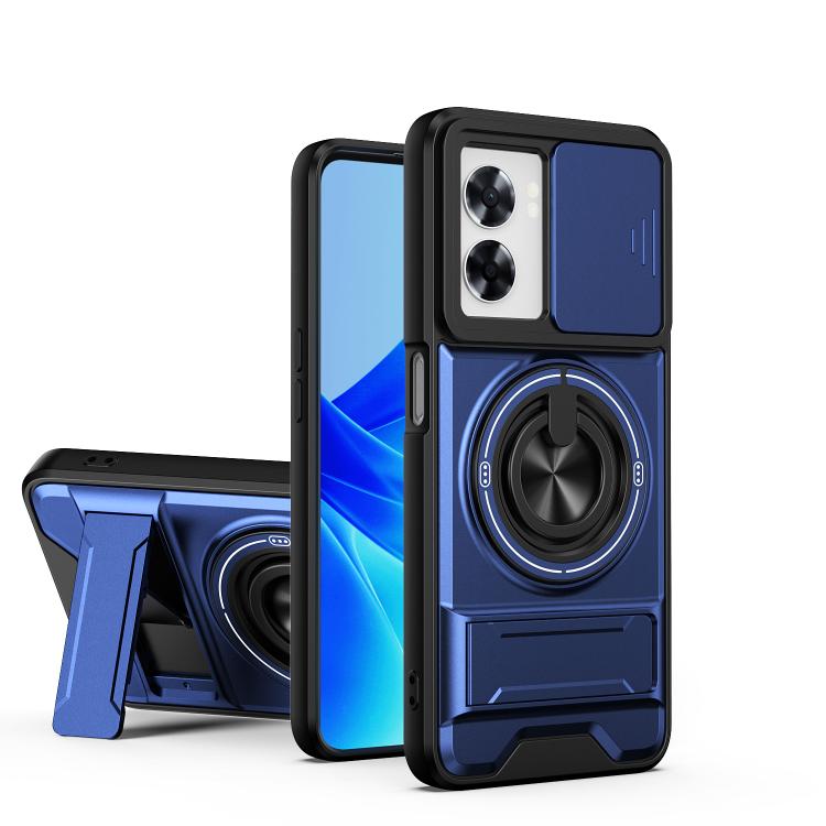 Magnetic shockproof phone case with sliding window, blue shell, ring stand