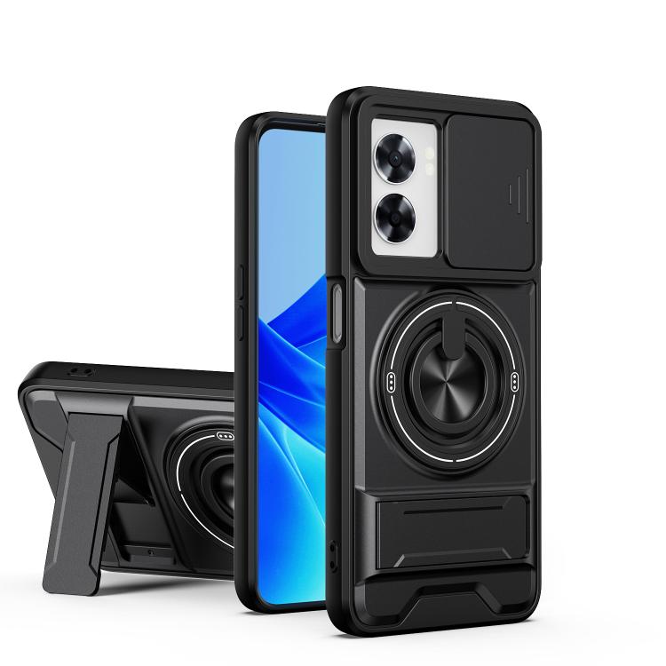 Magnetic shockproof phone case with sliding window, dark shell, ring stand