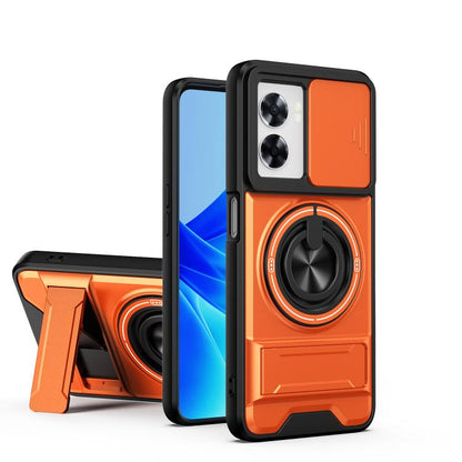 Magnetic shockproof phone case with ring kickstand, orange back and black frame