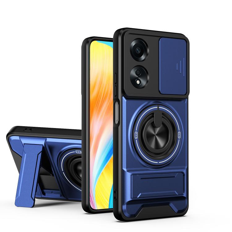 Sliding window magnetic shockproof phone case with ring stand, blue/black
