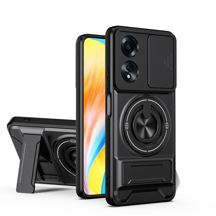 Sliding window magnetic shockproof phone case with ring stand, dark gray/black