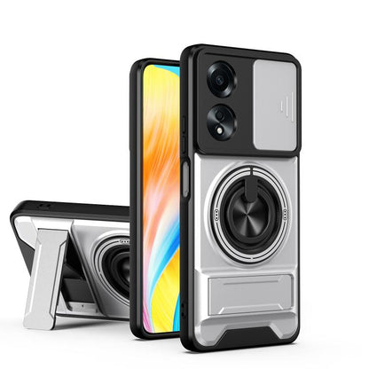 Magnetic shockproof phone case with sliding window, black and white, ring stand