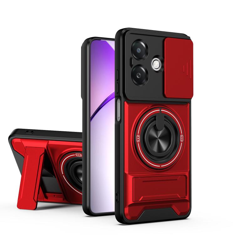 Sliding window magnetic shockproof phone case with ring stand, red/black