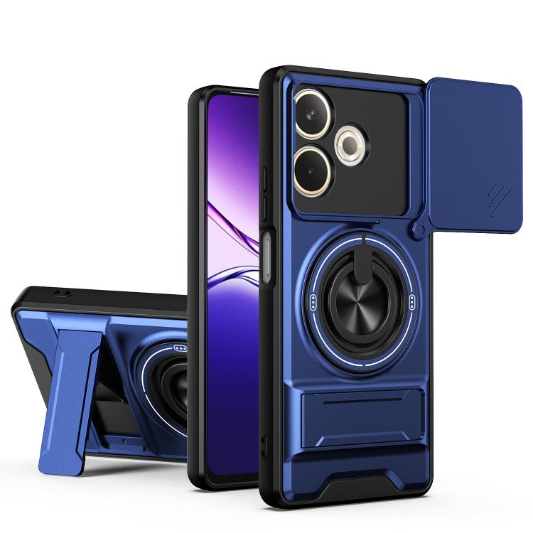 Blue phone case with sliding window, ring holder, and raised camera protection