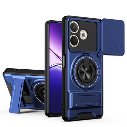 Blue phone case with sliding window, ring holder, and raised camera protection