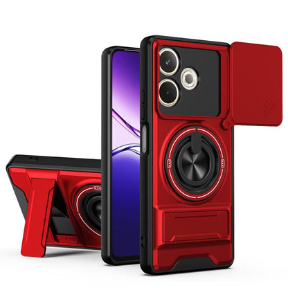 Red phone case with sliding window, ring holder, and raised camera protection